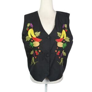 Vintage 90s Black Fruit Banana Strawberry Embroidered Vest L